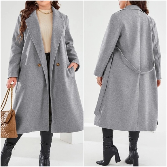 Plus Double Breasted Button up Belted Jacket Coat - Picture 9 of 9